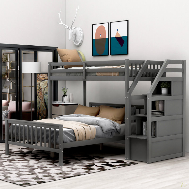 Lit mezzanine simple au-dessus d'un lit double avec escalier, Gris