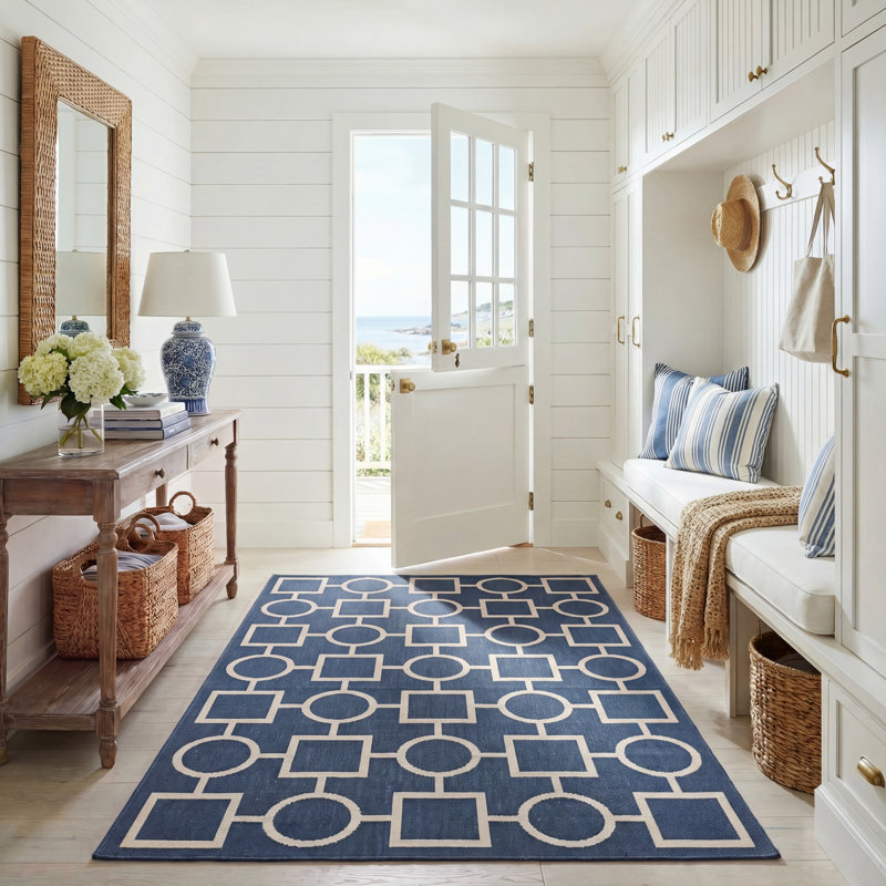 Tapis bleu / beige en coton Arneshia, Rectangle 5 pi 3 po x 7 pi 7 po