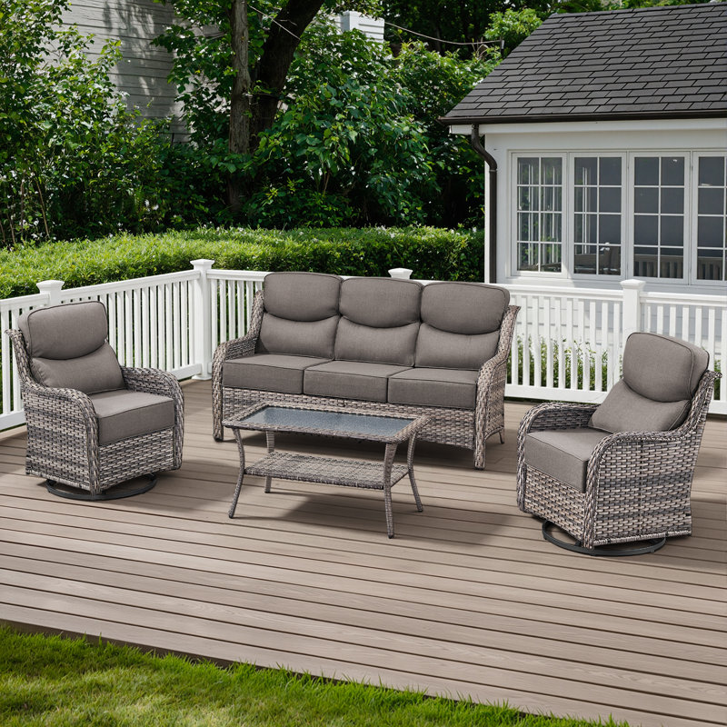 Ensemble de conversation en osier pour patio extérieur avec fauteuils pivotants et table basse extérieure, Gris, Gris