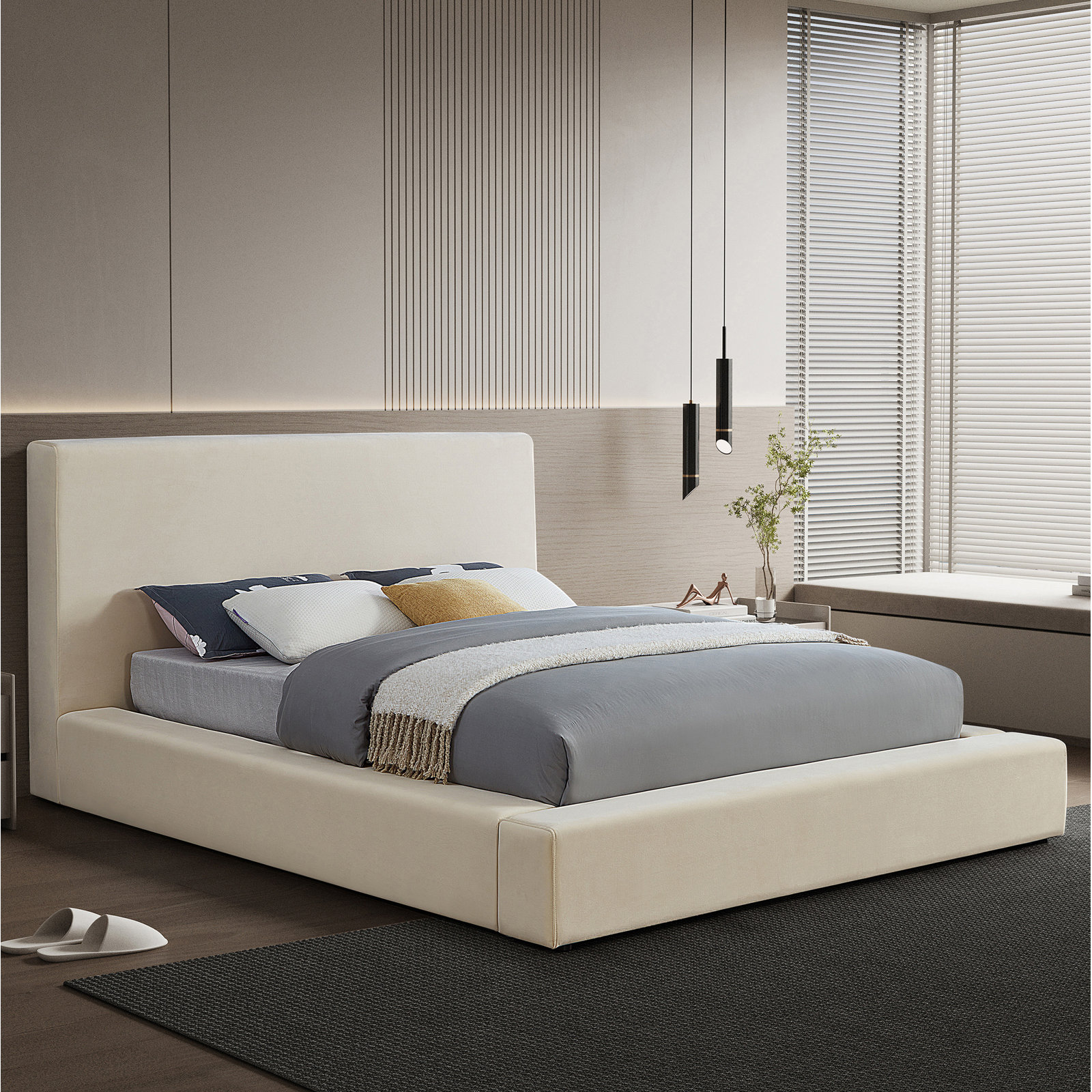 Ishia Velvet Upholstered Bed, King, Cream Velvet