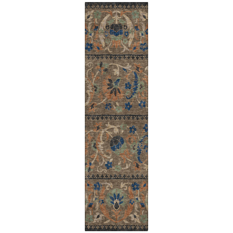 Machine Washable Indoor/Outdoor Chantille ACN2480 Floral Rug, 2'3" x 7'6" Runner, Chocolate