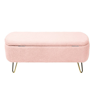 Charming Pink Storage Bench With Faux Fur And Stable Gold Leg Parts For Entryway Elegant Upholstery Patterns