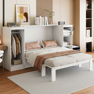 Lit escamotable avec tablettes de chevet et garde-robe, conception compacte et multifonctionnelle pour les petites pièces