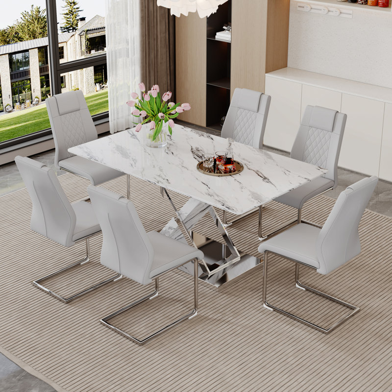 Lenorris 63'' L Imitation Marble Cross Leg Frame Silver Metal Base Dining Table Set, Light Gray