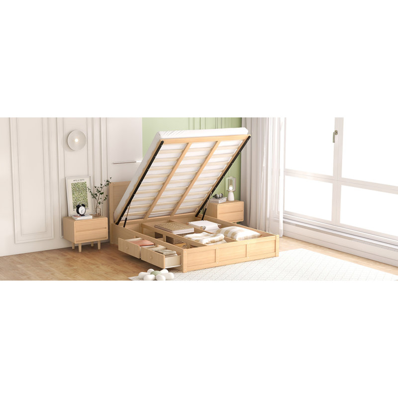 Lit plateforme en bois avec rangement inférieur et 2 tiroirs, bois, Grand lit