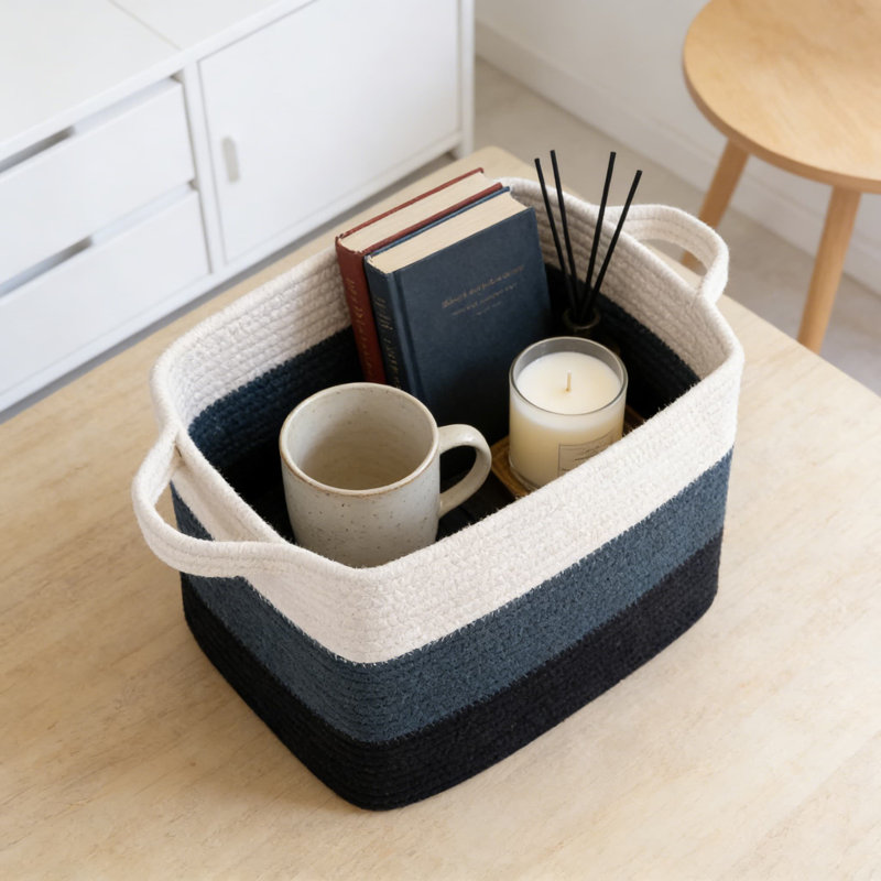 Woven Cotton Rope Storage Basket Set, Foldable Handmade Organizer For Bathroom, Living Room, Nursery, And Toy Storage