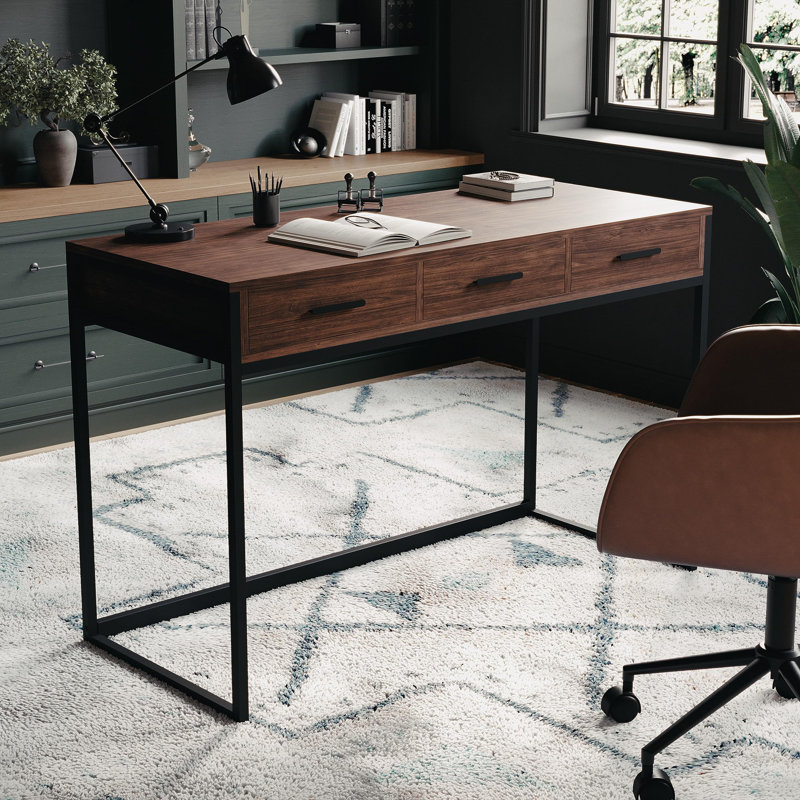 Huddleston Martha Stewart 3 Drawer Home Office Desk with Metal Frame and Hardware, Walnut/Oil Rubbed Bronze