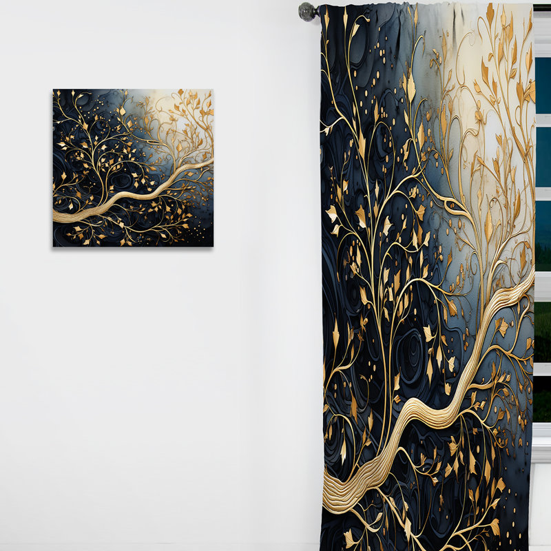 Golden Branch Tree Luminous Tangle I - Traditional Velvet Curtain - Room Darkening - 1 Panel, 52" W x 90" L