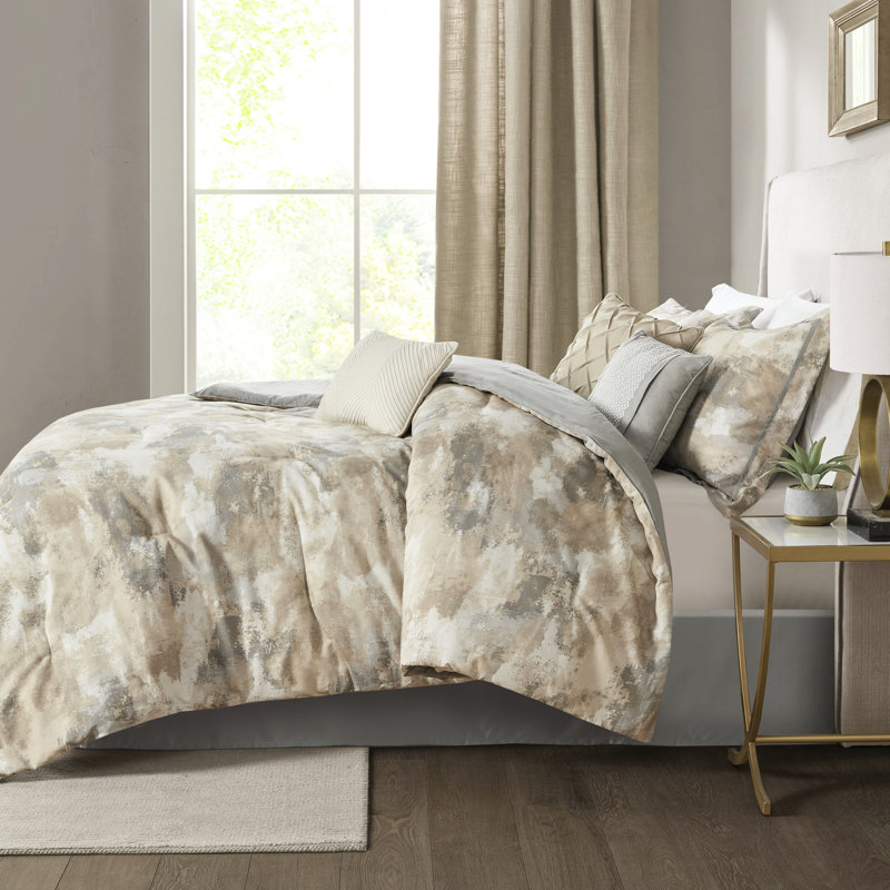 Édredon 7 pièces en très grand gris avec tissu tissé et rembourrage, détails brodés texturés pour le lit de taille, lavable à la machine