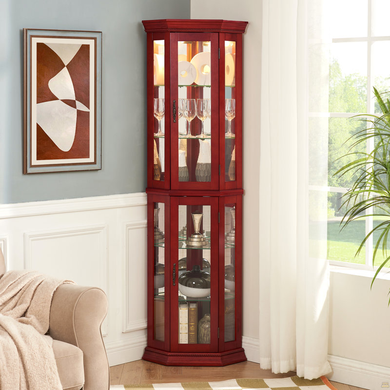 Corner Curio Cabinet Lighted Corner Display, Glass Display Shelf Shelving Bar Cabinet With Tempered Glass Door, Bar Cabinet,Cabinet With Adjustable Shelf