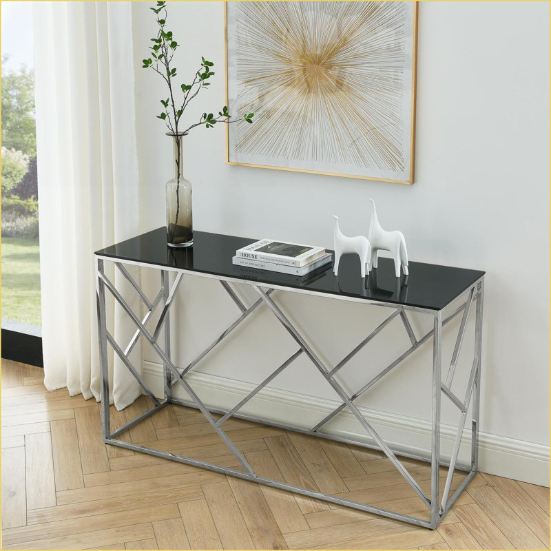 55 po en métal chromé Table basse en verre noir pour le salon, facile à nettoyer et amp; Conception robuste peu encombrante