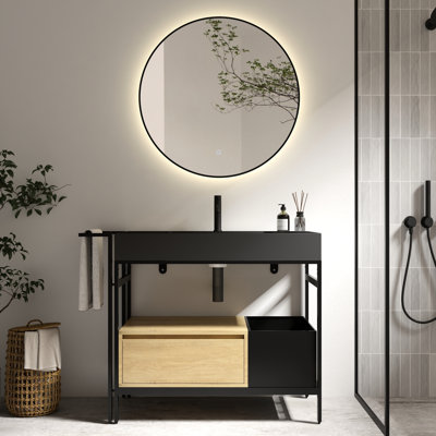 Meuble-lavabo de style industriel de 91,4 cm (36 po) pour salle de bain avec tiroir à fermeture amortie, bac de rangement ouvert, barre porte-serviettes réglable, quincaillerie, quartz en chêne noir, profondeur de 89,7 cm (35,3 po), largeur de 45,1 cm (17,73 po), hauteur de 82,3 cm (32,4 po), poids de 49,7 kg (109,95 lb)