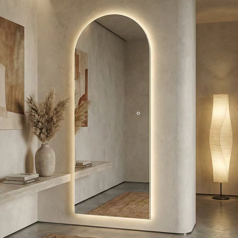 65" x 24" Arched Frameless LED Full Length Mirror, 3 Color Lighting, Clear White Glass, Explosion-Proof, Wall Mounted Backlit Mirror