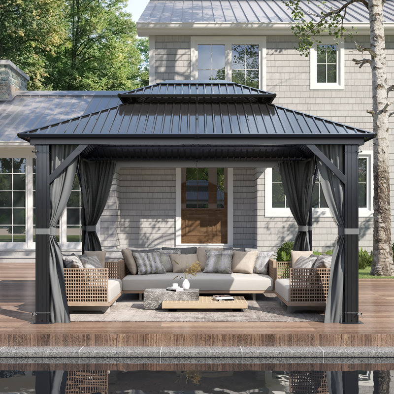 10FT ×12FT Outdoor Aluminum Patio Gazebo, Galvanized Steel Hardtop Gazebo with Privacy Curtain and Mosquito Netting