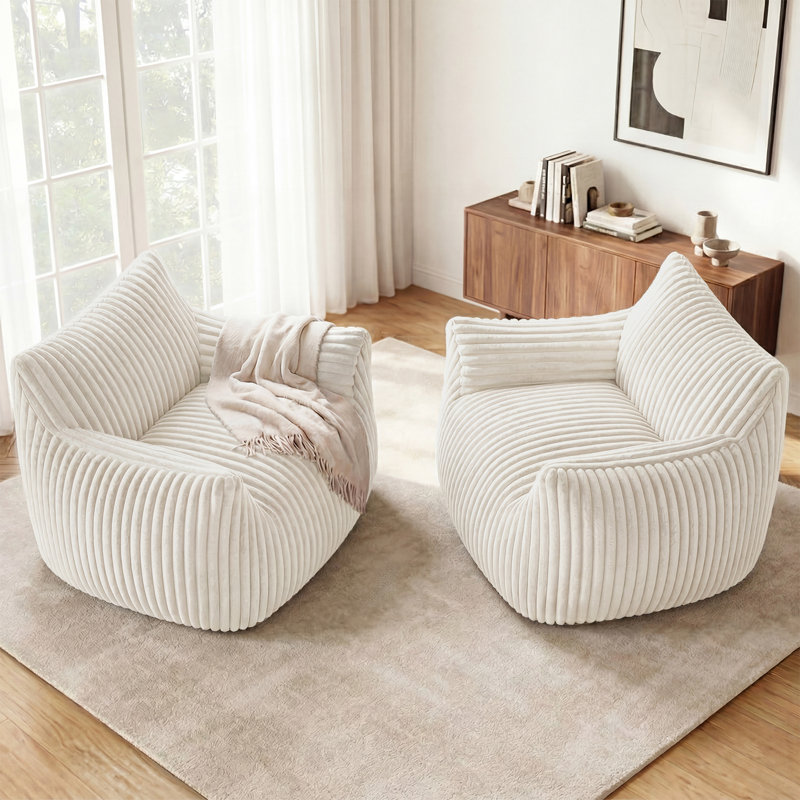 Set of 2 Oversized Compression Corduroy Foam Bean Bag Chair, Beige