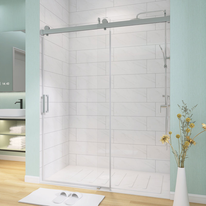 60" W X 76" H Frameless Soft-Closing Single Sliding Shower Door, 1/4" (6Mm) Tempered Glass With Explosion-Proof Coating