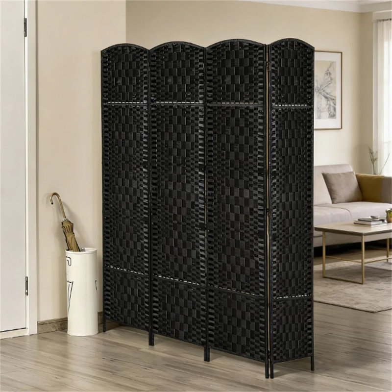 Paravent pliable à 4 panneaux, brise-vue en corde de papier tressée avec sommet arqué, structure autoportante en bois de peuplier massif, pour chambre ou salon, noir