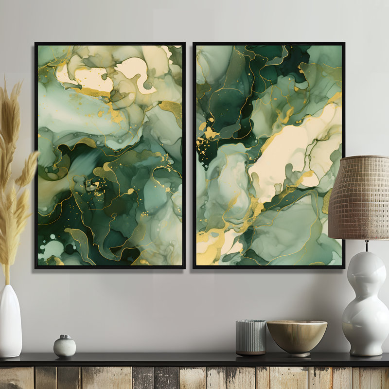 «Green Luxury Abstract Fluid Art I», art mural vert, H 36 po x l 48 po, Impression encadrée flottante sans passe-partout