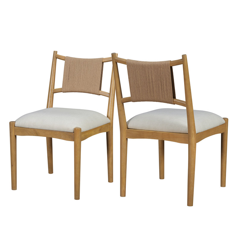 Chaise de salle à manger rembourrée en corde de papier Scandi-Boho Mid-Century, Coussin beige / structure naturelle
