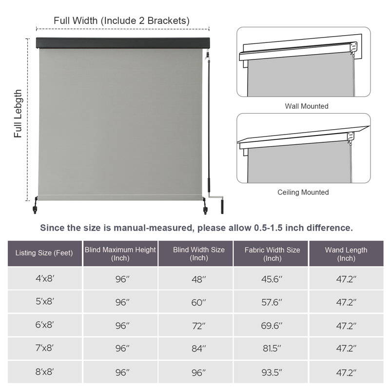 Outdoor Semi Sheer Roll-Up Shade, 48"W x 96"L, Gray