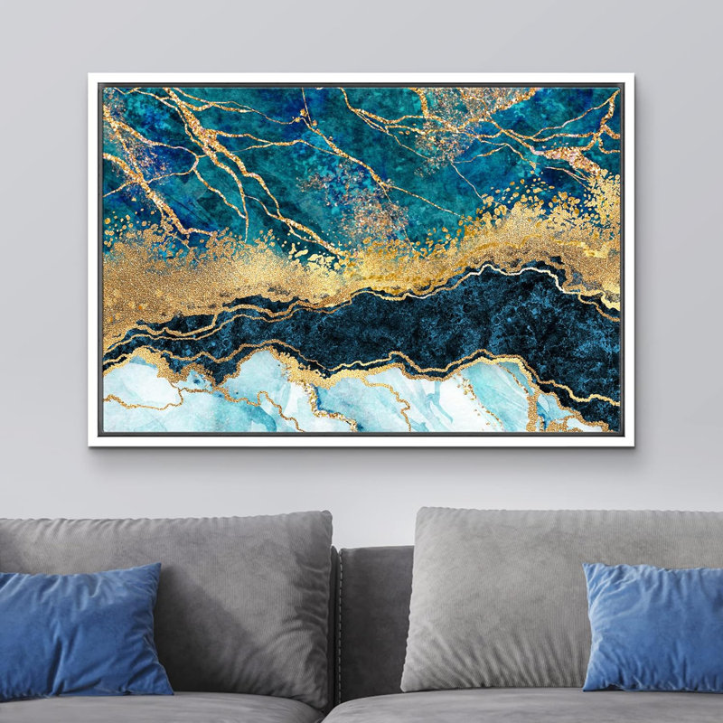 Or et sarcelle marbré foncé, paysage abstrait, formes modernes, sur toile, H 16 po x l 24 po x P 1,5 po, Cadre flottant blanc