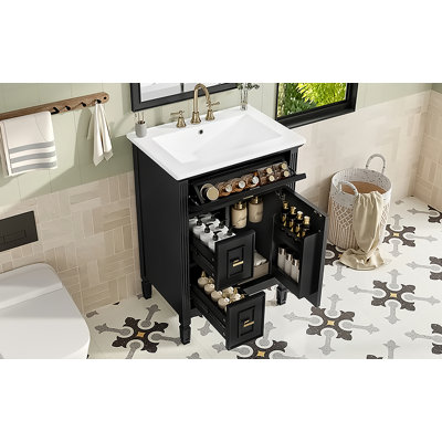 24-Inch Bathroom Vanity With Sink, Solid Wood And MDF Cabinet With One Flip Drawer, Two Standard Drawers, And Adjustable Shelf, Freestanding Black Vanity For Bathroom Storage