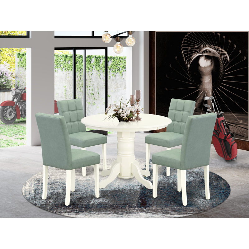 L'ensemble de table de salle à manger 5 pièces contient une table de salle à manger moderne et 4 chaises en tissu de polyester vert saule, blanc lin