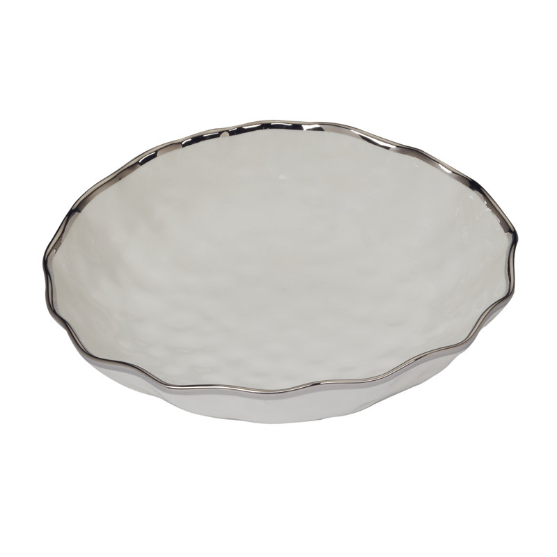 Gray Ceramic Round Serving Bowl with Silver Rim