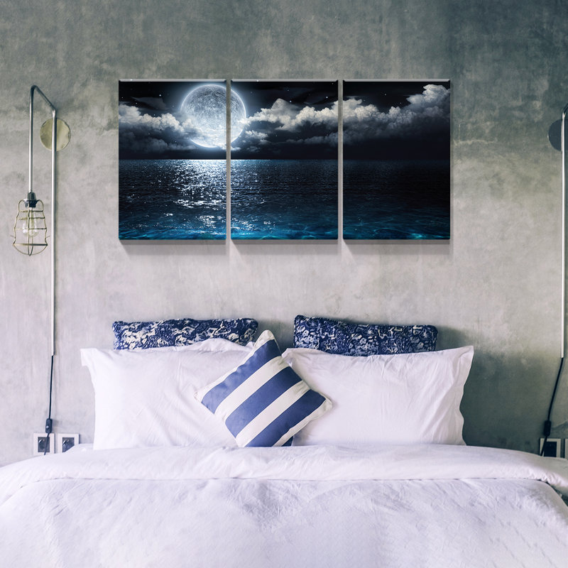 Pleine lune au-dessus de la mer, peinture sur toile 3 pièces, H 12 po x l 18 po x P 4,5 po