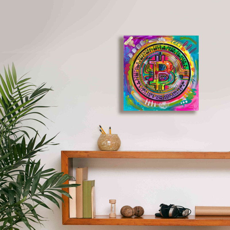 «Bitcoin» par Dean Russo - peinture sur toile tendue, H 12 po x l 12 po x P 0,75 po
