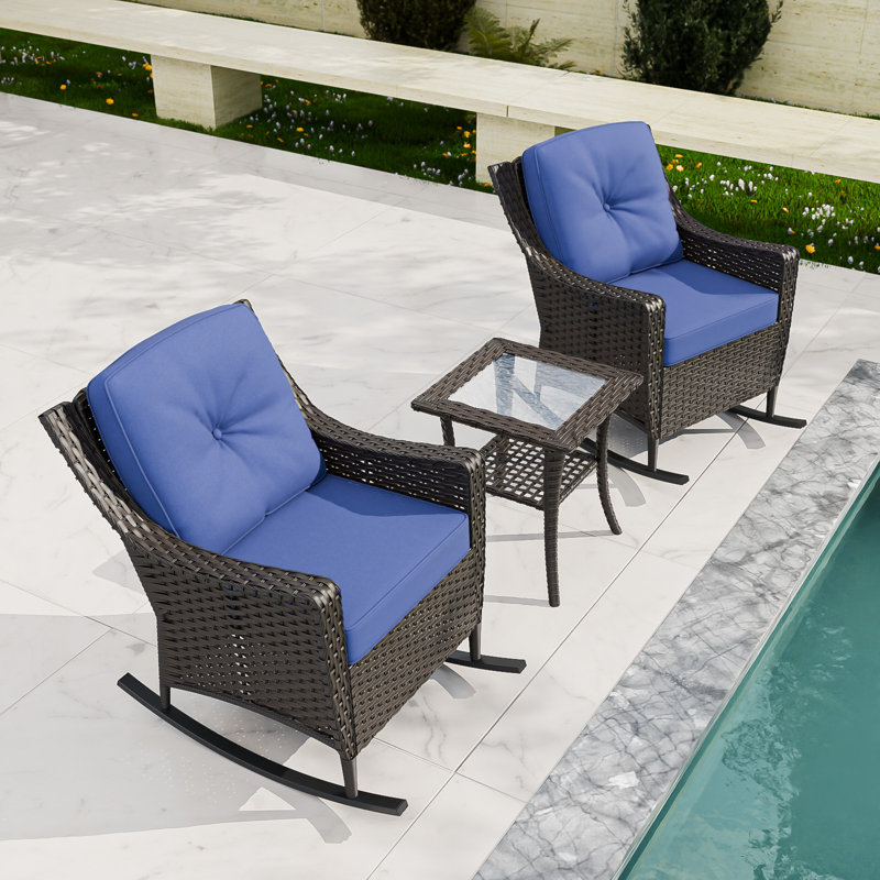 3-Piece Outdoor PE Brown Wicker Rattan Wide Armrest Rocking Chair Seating Group Patio Conversation Set with Olefin Thick Cushions, Side Table
