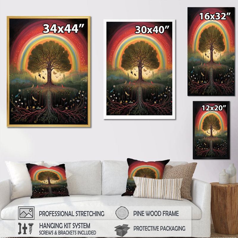 «Tree of Life Rainbow Retro Illustration», reproduction sur toile, H 32 po x l 16 po x P 1 po, Cadre simple noir
