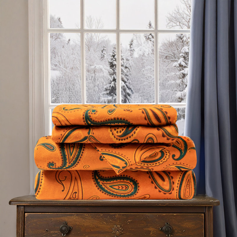 Ensemble de draps 100% flanelle de coton Blue Nile Mills, Ensemble de draps pour très grand lit avec 2 taie, Citrouille