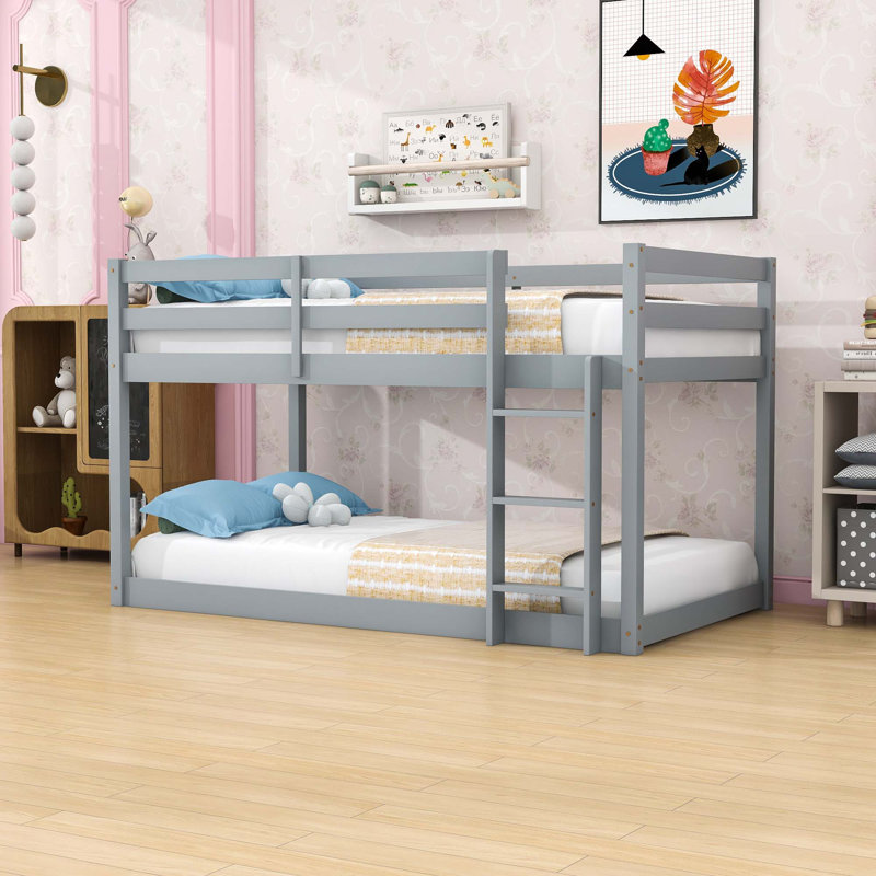 Twin Over Twin Wooden Floor Bunk Bed With Ladder And Guardrails, Gray
