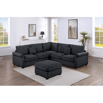 Ensemble de conversation modulaire 4 pièces avec repose-pieds de coin assorti et repose-pieds à accoudoir droit et gauche en velours côtelé revêtu de velours noir