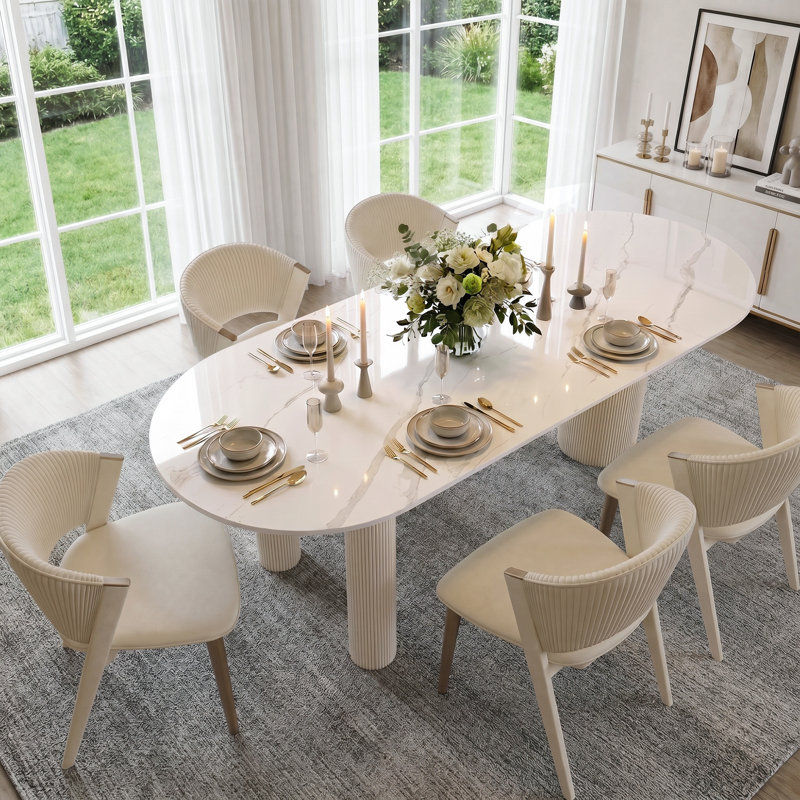 79" Oval Dining Table with White Sintered Stone Top & Roman Column Wood Base, 35.4" W x 78.8" L