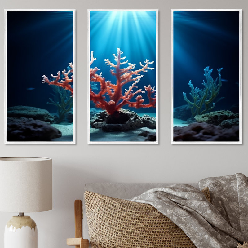 Ensemble de décorations murales corail sous l'eau, Cadre flottant blanc, H 40 po x l 60 po x P 1 po