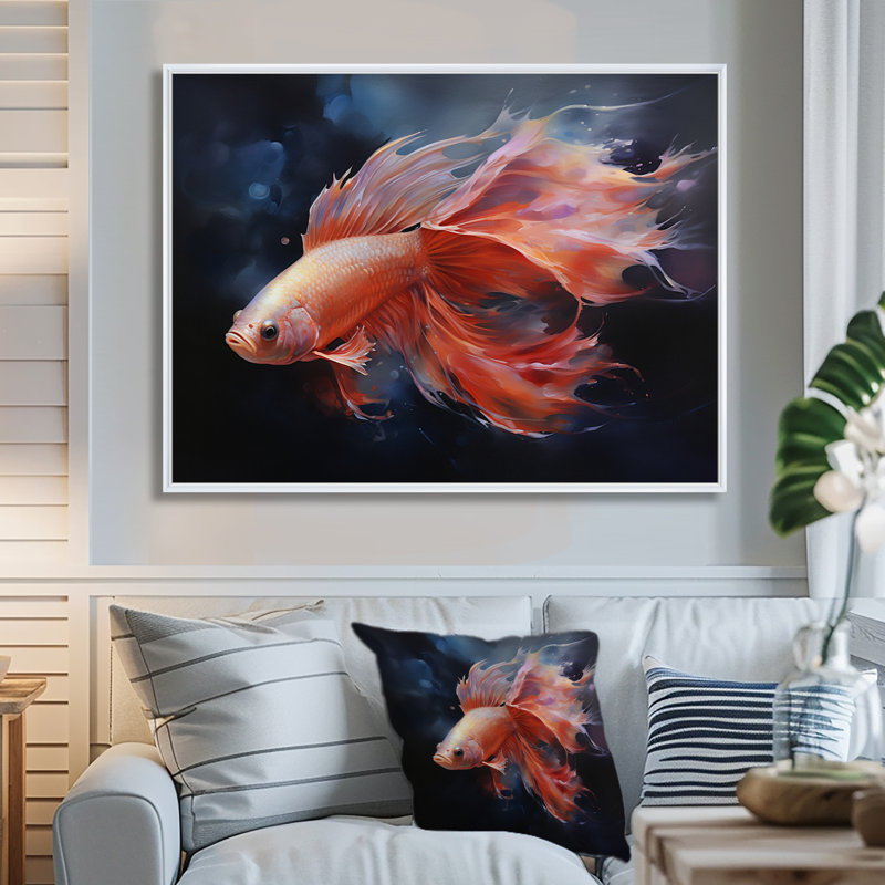 Vibrant rouge Betta poisson majestueux queue - poisson Art mural, H 12 po x l 20 po, Toile flottante blanche encadrée