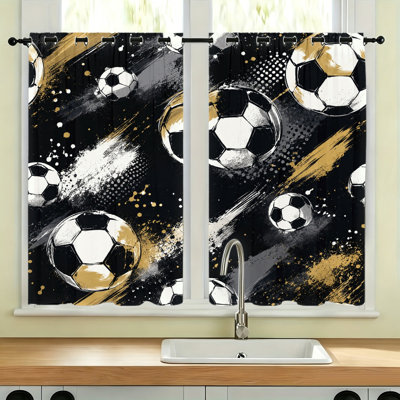 2 pièces rideaux occultants à motif soccer, rideaux obscurcissant et isolant noir et doré à motif isolant, panneaux décoratifs de jour de match pour le salon, la cuisine et la chambre à coucher