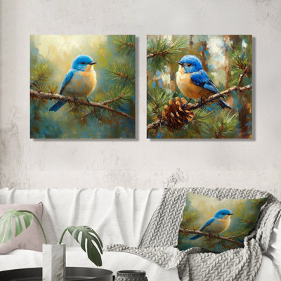 «Cheery Bluebird In The Pines I» - art mural oiseau - ensemble d'art mural moderne 2 pièces