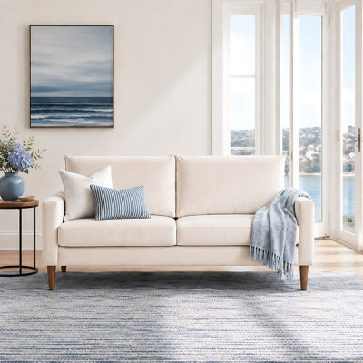 70-Inch Modern Velvet 3-Seater Sofa with Track Arms, Coil Spring Cushions and Wooden Legs, Ivory