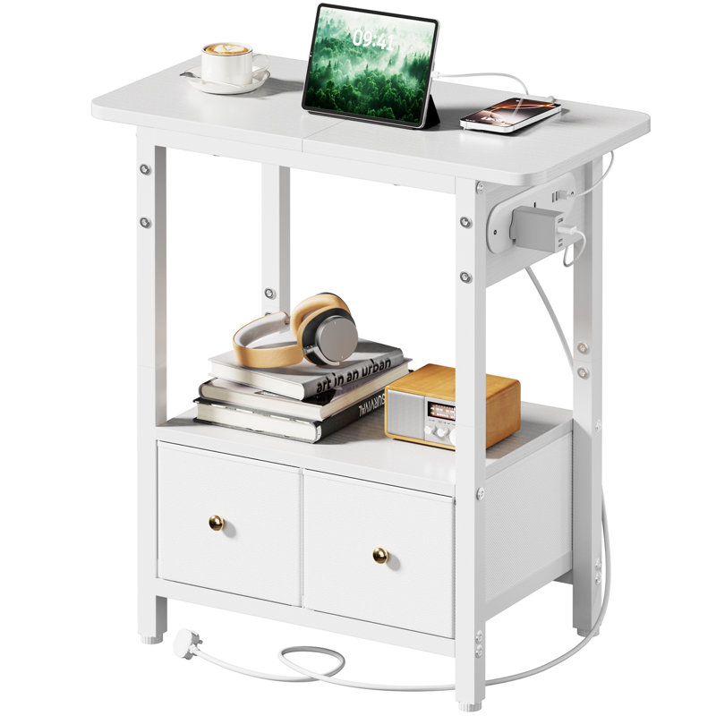 End Table with Built-In Outlets, White