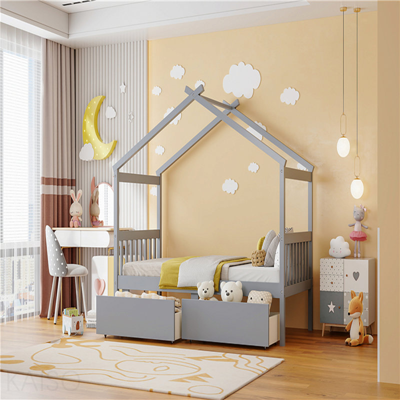 Lit simple, maison en bois avec tiroirs, Gris, Lit simple