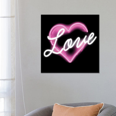Neon Love Pink On Black by Hailey Carr - Wrapped Canvas Print