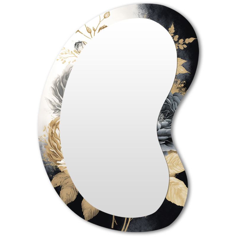 Torain White, Gold And Black Rose Bouquet II - Rose Unique Shape Decorative Wall Mirror, Traditional Freeform Mirror, Printed Metal Art
