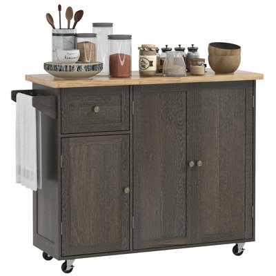 Daevion Rolling Kitchen Island On Wheels, Utility Serving Cart With Rubber Wood Top, Towel Rack, Storage Cabinets And Drawer, White -  Red Barrel StudioÂ®, 82C9231E95F54C4995F3BC505D3AD3EC