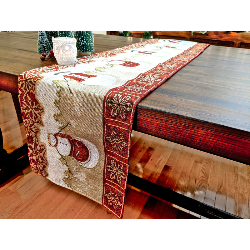 Osborn Snowman Couple Woven Tapestry Table Runner, 120" L x 13" W
