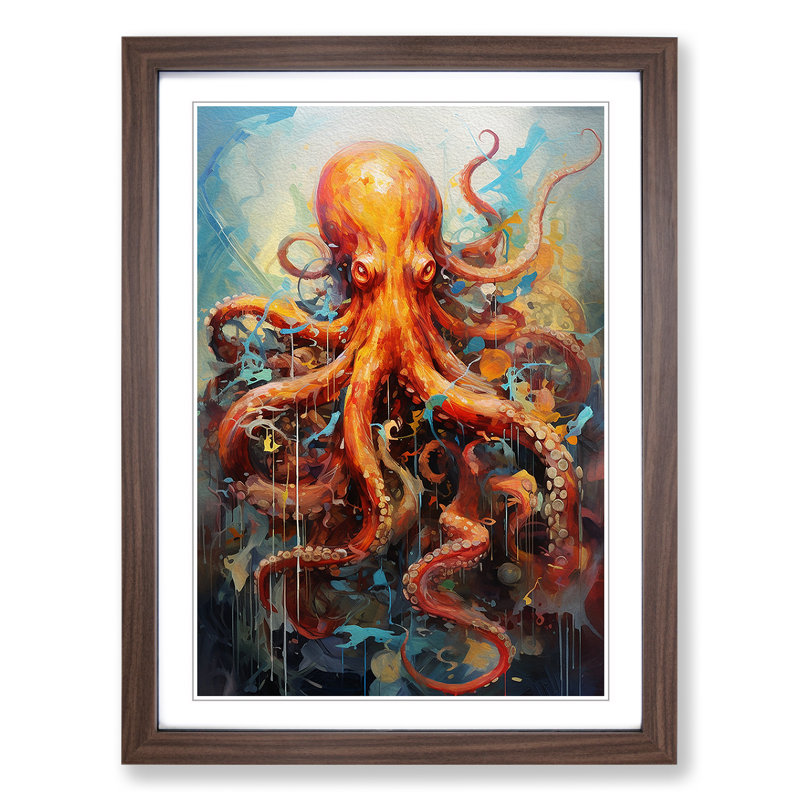 Octopus Expressionism - Single Picture Frame Print on Wood, 46cm H x 34cm W x 2cm D, Walnut Framed