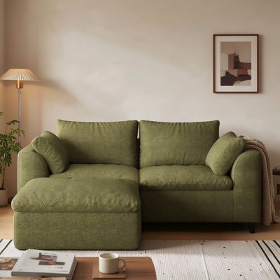 Canapé 2 places en lin vert avec pouf, canapé moderne rembourré