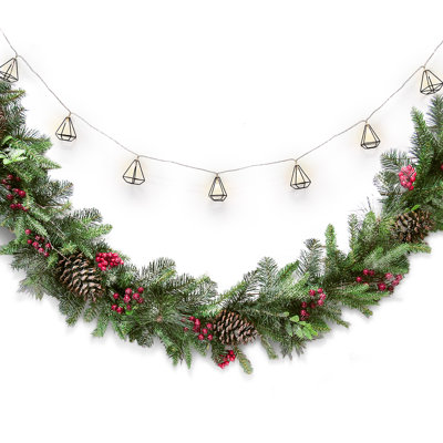 72" Artificial Mixed Frosted Berry Pine Cone Christmas Garland with Geometric Pyramid String Light Set
